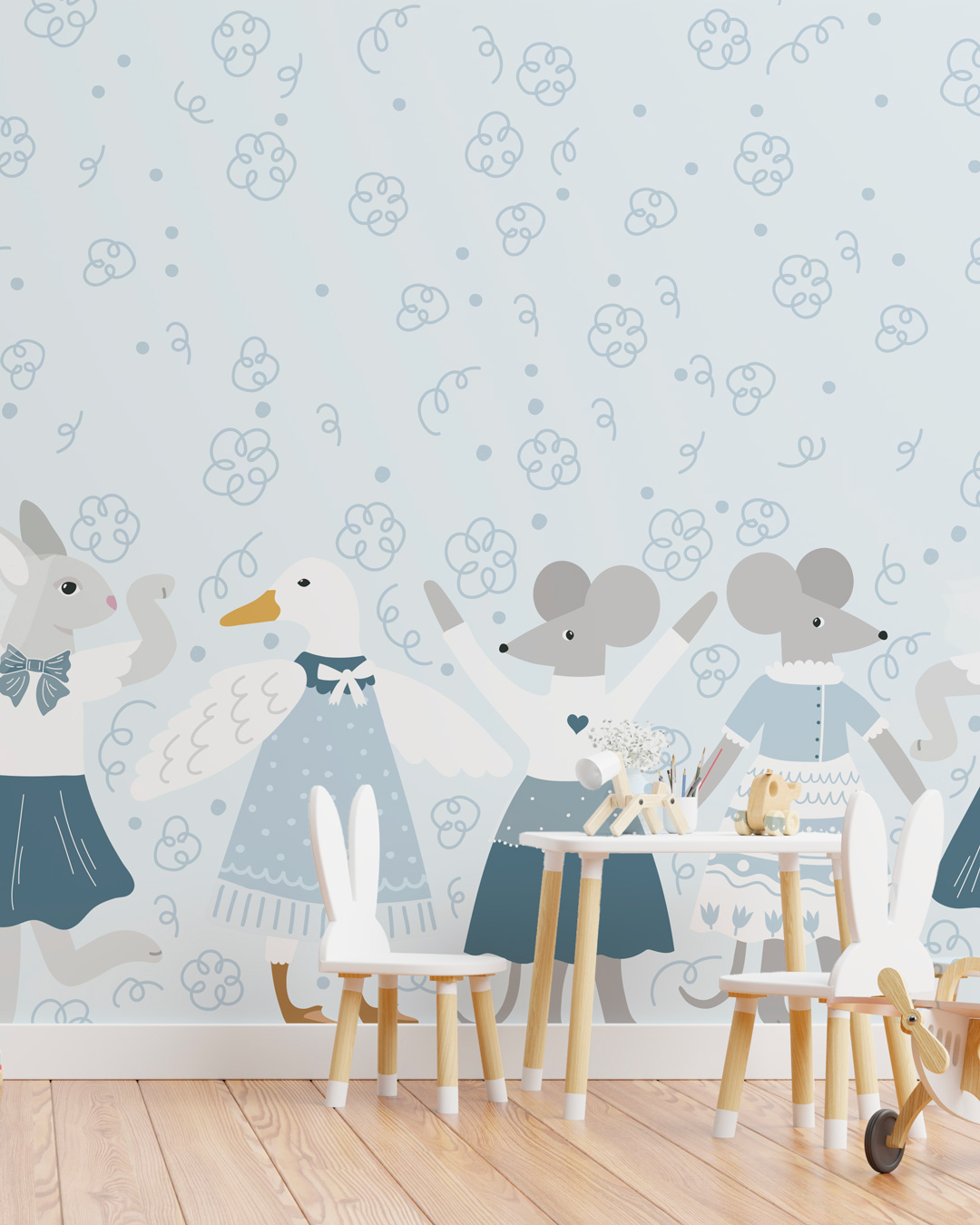 ANNIE - papier peint farandole animaux de la ferme bleu salle de jeux