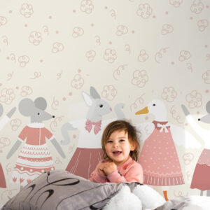 ANNIE - papier peint farandole animaux de la ferme rose chambre petite fille