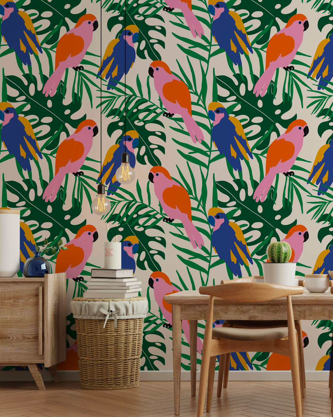 ARISTIDE - Papier peint perroquet coloré beige salle à manger