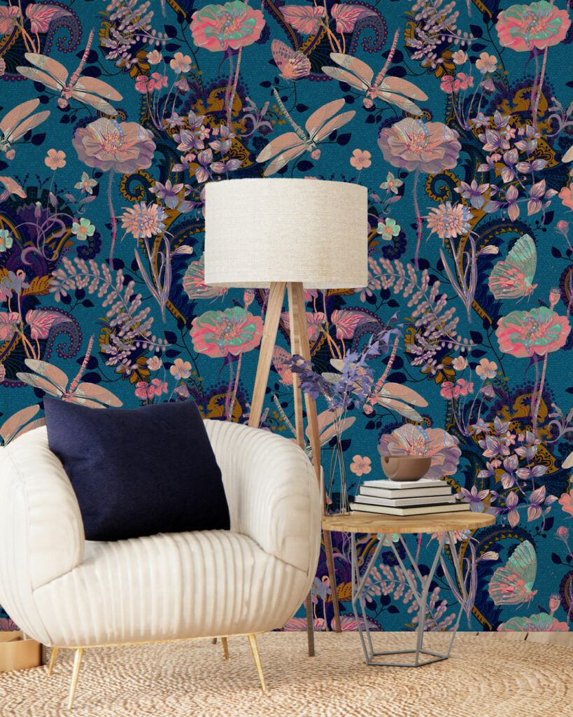 CESARINE - Papier peint libellule et papillon coin détente