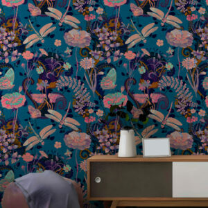 CESARINE - Papier peint libellule et papillon entrée