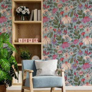 HERMINE - Papier peint fleurs vintage façon herbier bleu coin détente