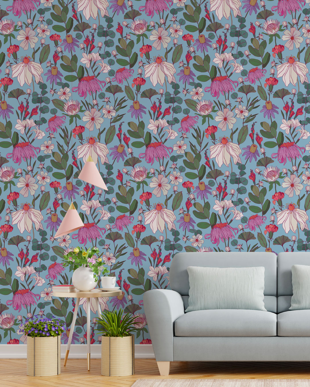 HERMINE - Papier peint fleurs vintage façon herbier bleu salon