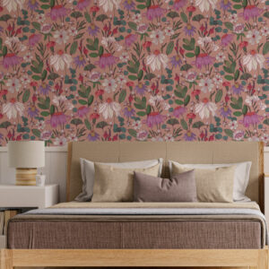 HERMINE - Papier peint fleurs vintage façon herbier rose chambre