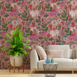 HERMINE - Papier peint fleurs vintage façon herbier rose salon