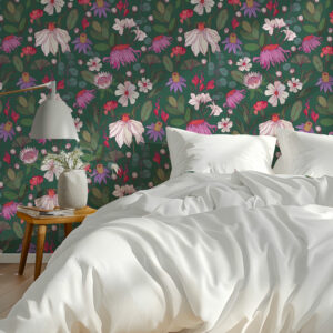 HERMINE - Papier peint fleurs vintage façon herbier vert chambre