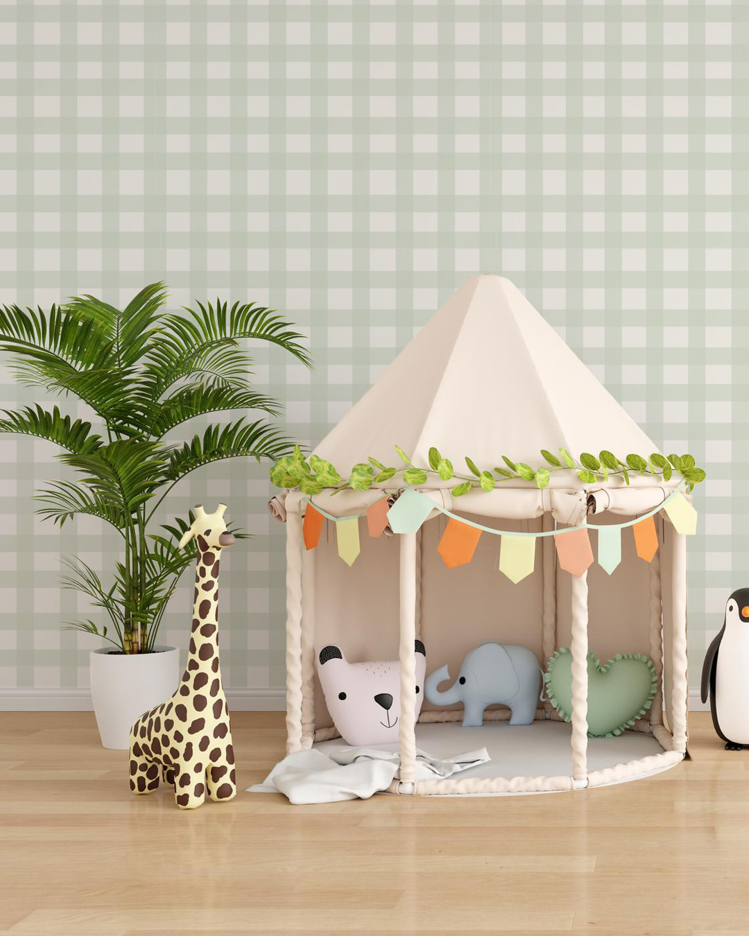 JESSY - Papier peint Vichy vert salle de jeux