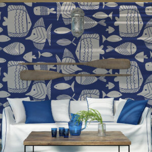 LAODIS - Papier peint poissons originaux bleu salon
