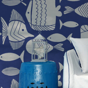 LAODIS - Papier peint poissons originaux bleu table de chevet