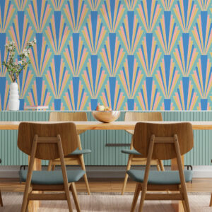LYDIA - Papier peint art déco huppe bleu salle à manger