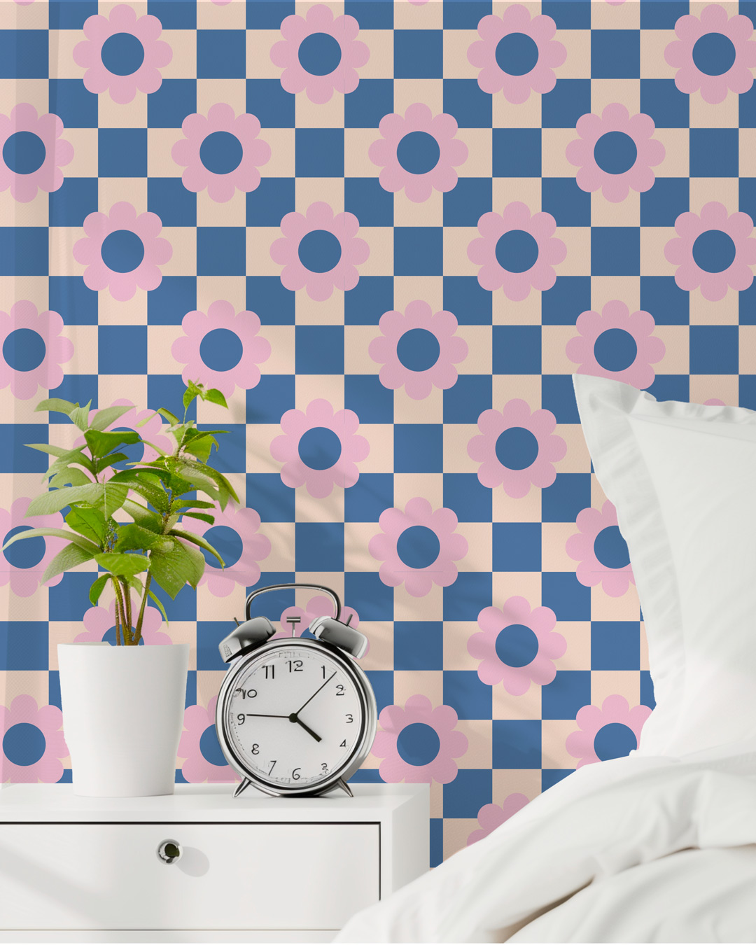 MARGARET - Papier peint vintage fleuri carreaux bleu chambre