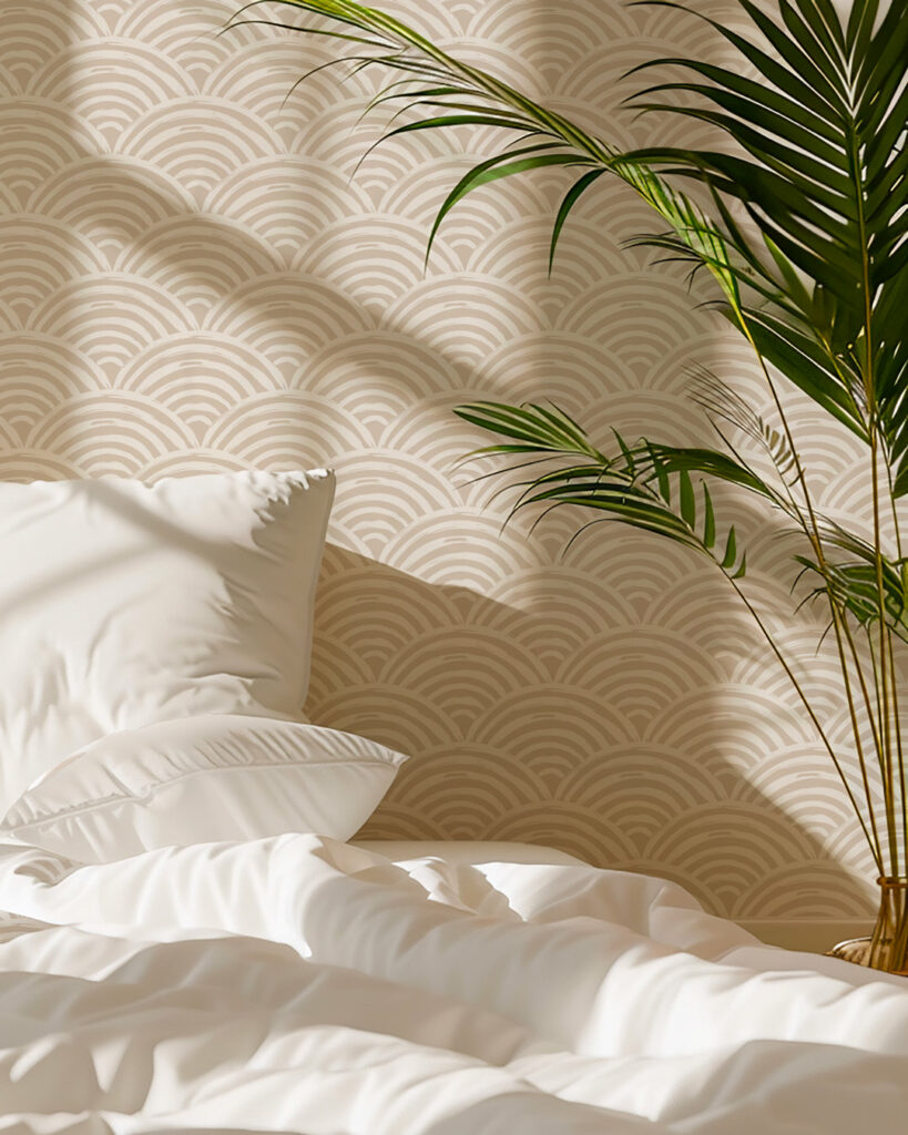 MEIKO - Papier peint seigaiha japonais beige chambre