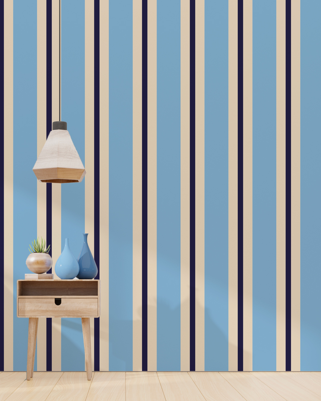 RAYAN - Papier peint rayure original bleu entrée