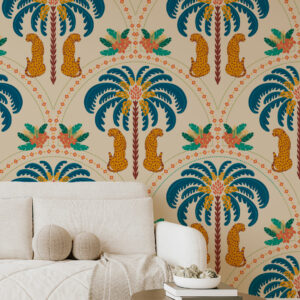 ZARA - Papier peint art déco palmier et léopard salon