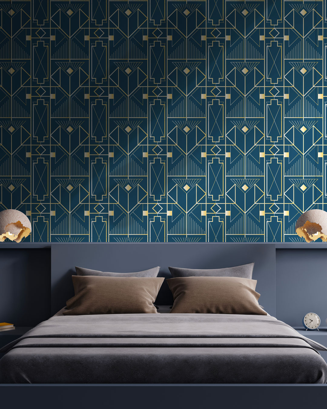 BÉRENGER - Papier peint motif art déco bleu chambre