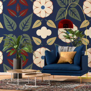 CARMELA - Papier peint vintage floral bleu coin détente