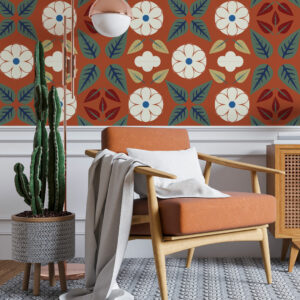CARMELA - Papier peint vintage floral orange coin lecture