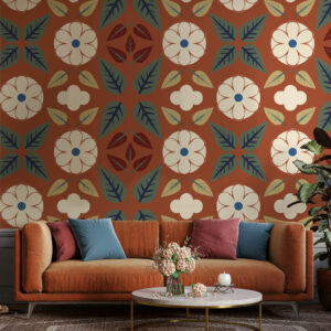 CARMELA - Papier peint vintage floral orange salon