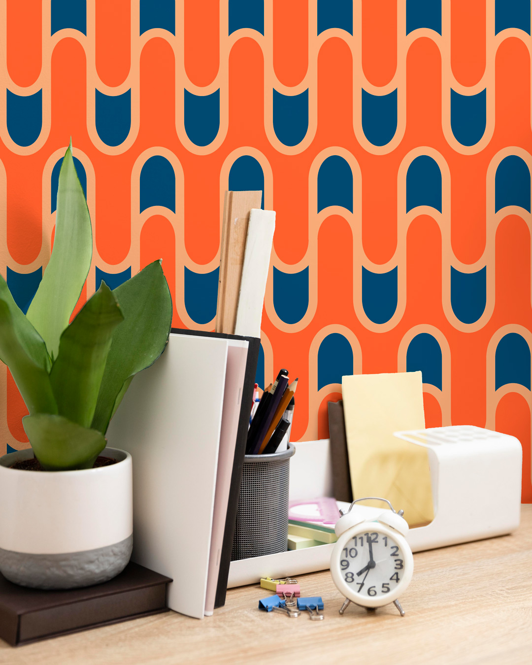 CEZAIRE - Papier peint vagues rétro orange bureau