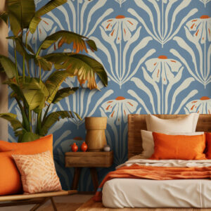 CYRIELLE - Tapisserie fleurie moderne bleu chambre