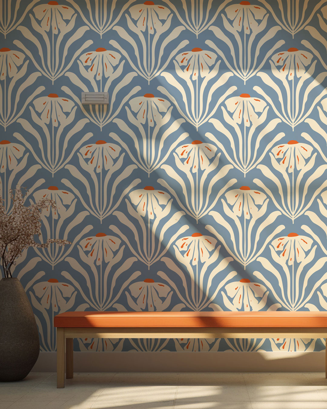 CYRIELLE - Tapisserie fleurie moderne bleu salle d'attente