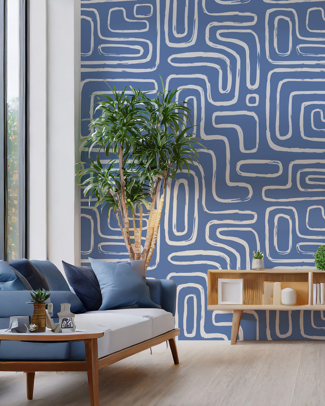 FRED - Papier peint labyrinthe bleu salon