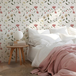 GUÉNOLÉ - Papier peint fleurs légères table de nuit