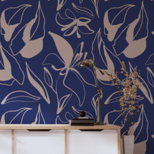 HAZEL - Papier peint crayonné fleuri bleu entrée