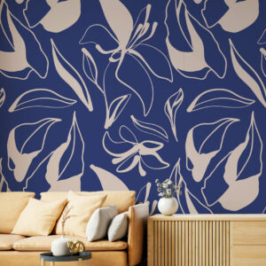 HAZEL - Papier peint crayonné fleuri bleu salon