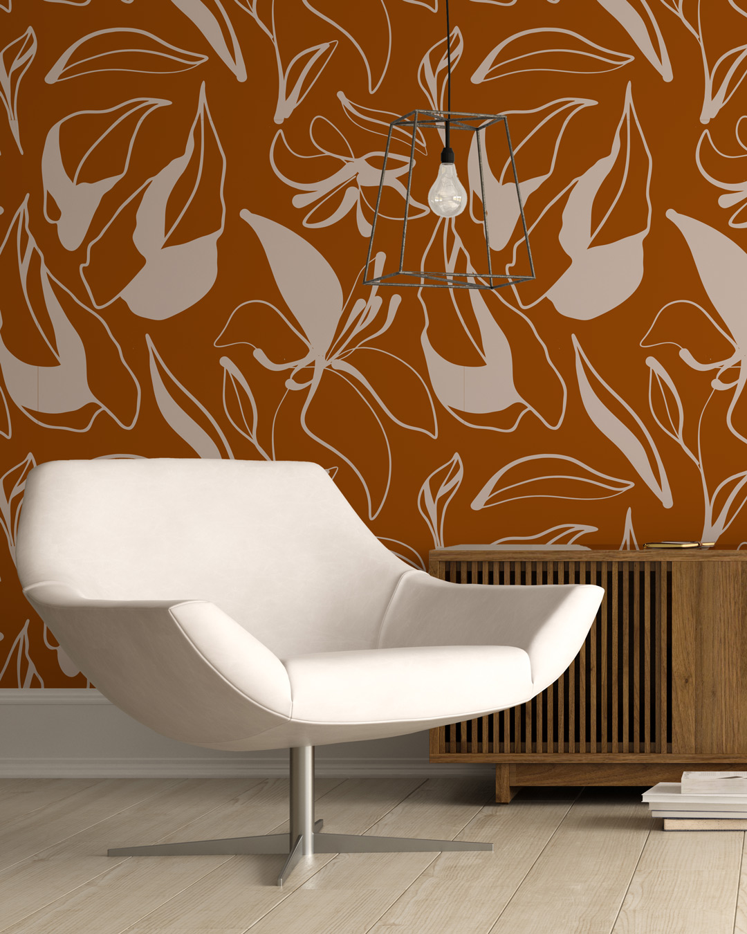 HAZEL - Papier peint crayonné fleuri marron coin lecture