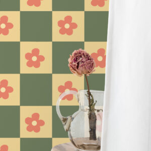 IACOMO - Papier peint carreaux et fleurs vintage pot de fleurs