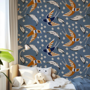 JOSY - Papier peint hirondelles modernes chambre garçon