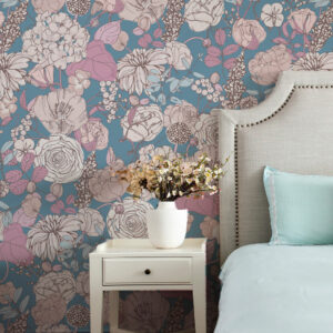 LUCIANA - Tapisserie fleurs champêtres bleu chambre