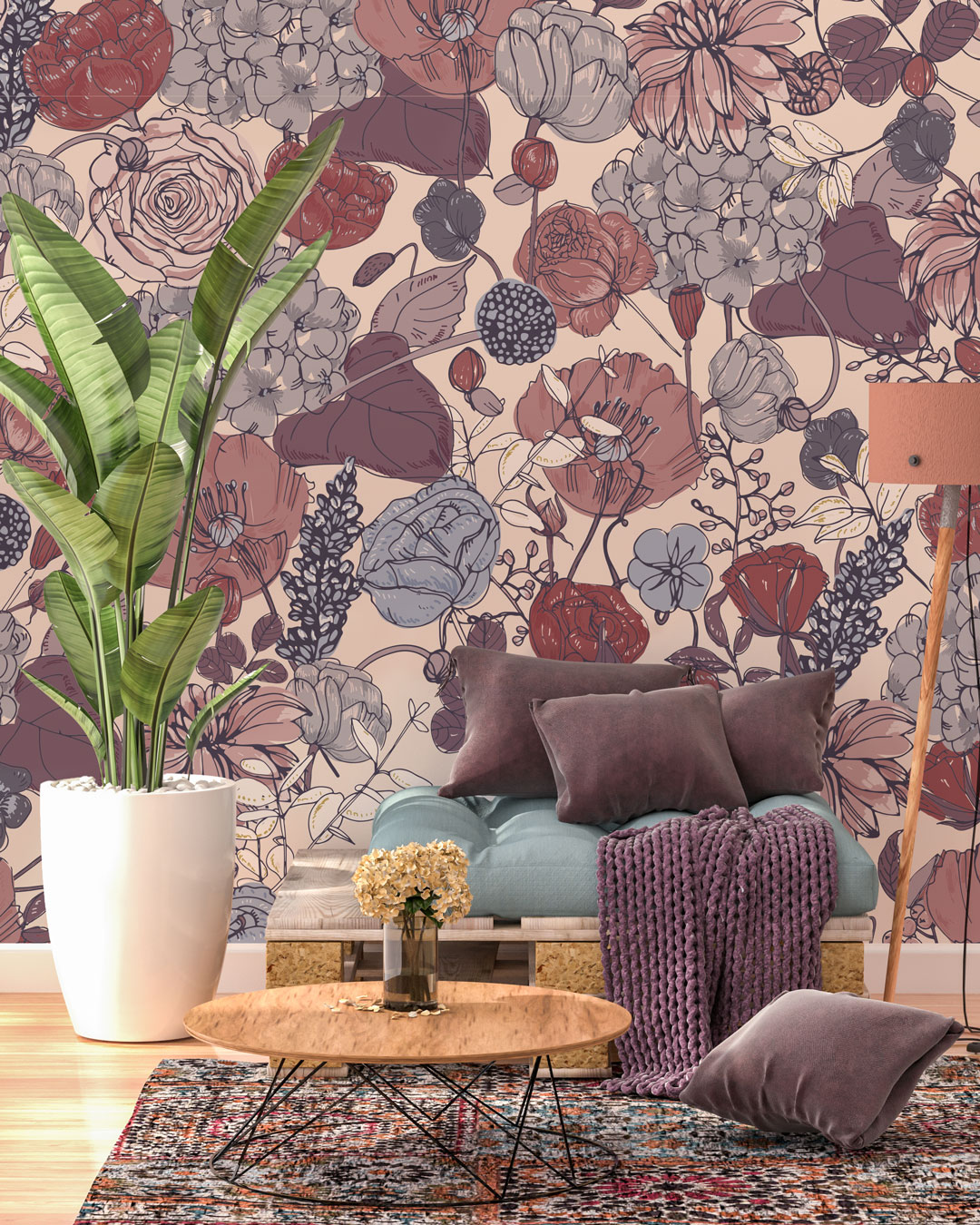 LUCIANA - Tapisserie fleurs champêtres rose coin détente