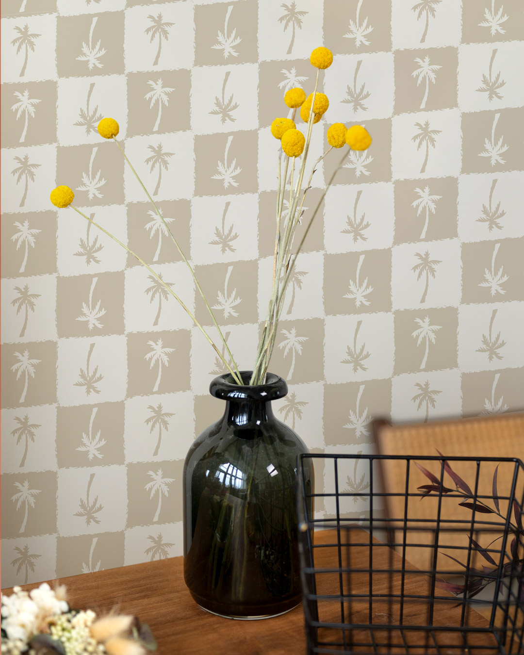 MAKANA - Papier peint damier de palmier beige bureau