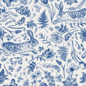 MARCELLE - Papier peint lapin inspiration Toile de Jouy bleu
