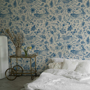 MARCELLE - Papier peint lapin inspiration Toile de Jouy bleu chambre