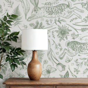 MARCELLE - Papier peint lapin inspiration Toile de Jouy vert couloir