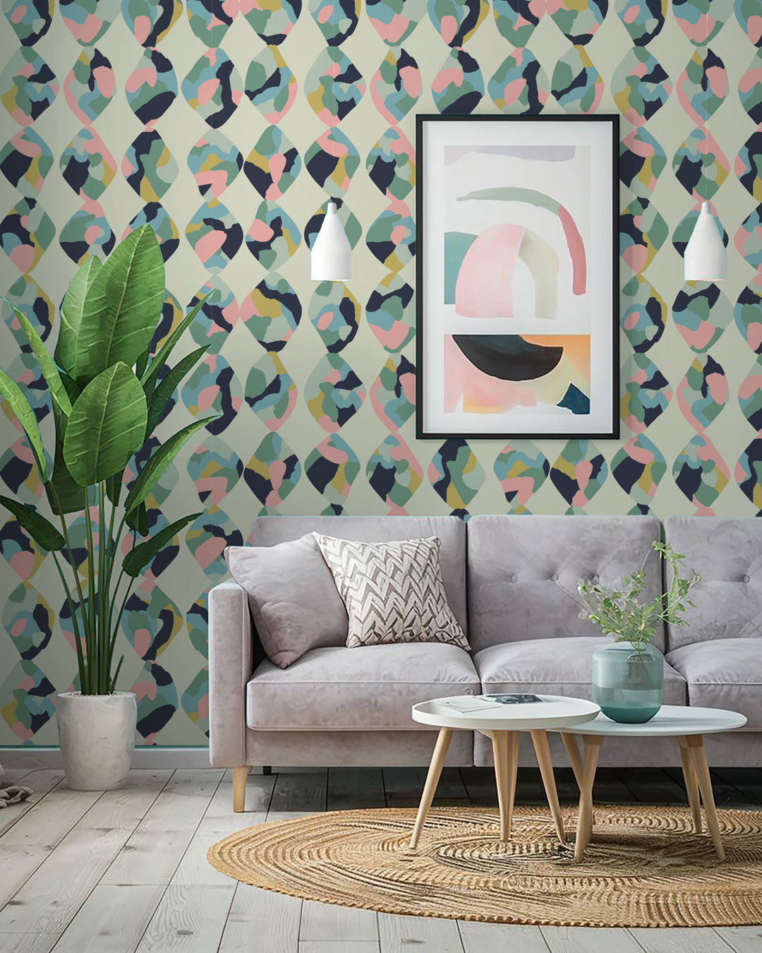 NAYRA - Papier peint arlequin camouflé vert salon