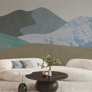 ODELINE - Papier peint panoramique montagne bleutée salon