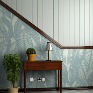 ORLANE - Papier peint feuillage blanc bleu entrée
