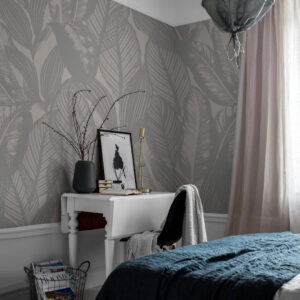 ORLANE - Papier peint feuillage blanc gris chambre