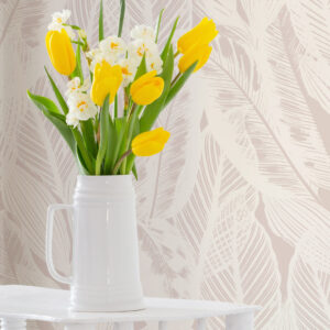 ORLANE - Papier peint feuillage blanc rose pot de fleurs