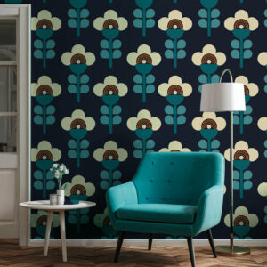 SANDRINE - Papier peint fleurs année 70 bleu coin lecture