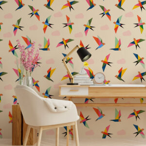 WILLOW - Papier peint oiseaux origami bureau