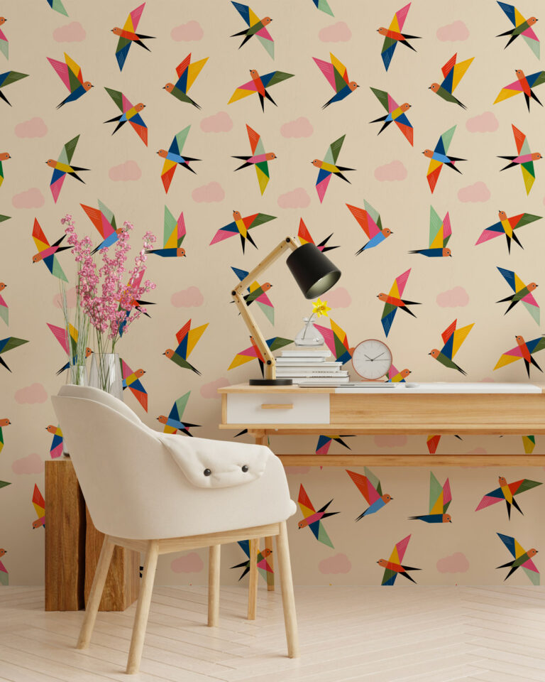 WILLOW - Papier peint oiseaux origami bureau