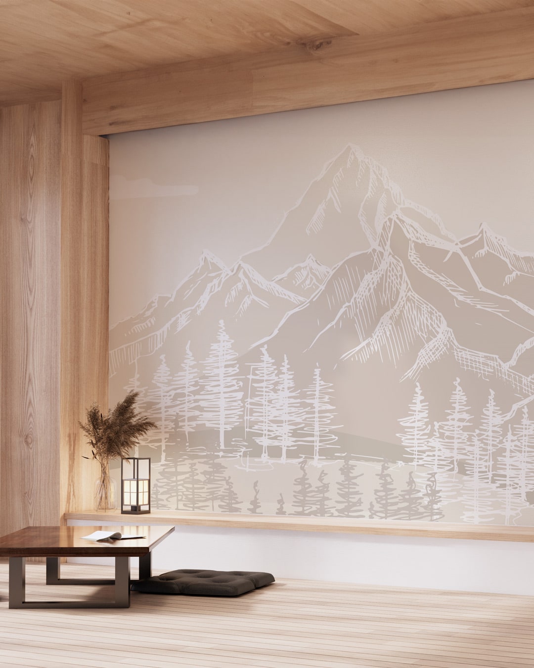 CASSANDRE - Papier peint montagne enneigée beige coin détente