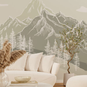 CASSANDRE - Papier peint montagne enneigée vert salon