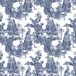 MAO - Papier peint effet toile de jouy moderne tigres bleu