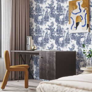 MAO - Papier peint effet toile de jouy moderne tigres bleu chambre